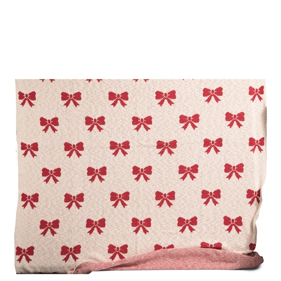 JINGLES & JOY Red Bow Knitted CHRISTMAS Holiday Throw Blanket Red and Beige - Picture 4 of 7